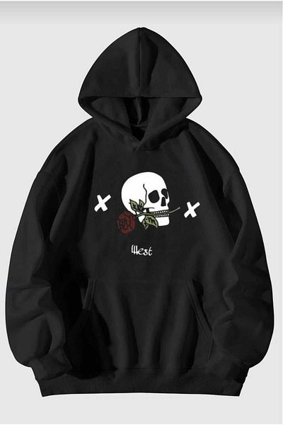 belean Unisex Thick Winter Fleece Inside Skull Printed Pocket Sweatshirt