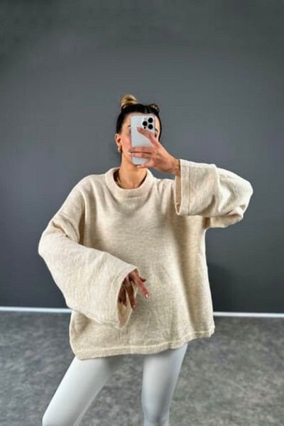 FMN Moda pulover moale de lungime medie pentru femei, supradimensionat, cu mâneci evazate, tricot cu mâneci evazate