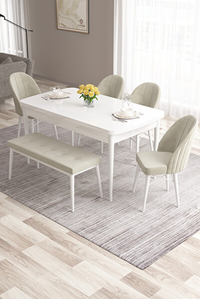 Canisa Roz Serisi 80x132 Mdf Beyaz Masa Takımı 4 Krem Sandalye Ve 1 Bench
