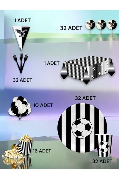 VibeHome Black and White Fan Luxury Set for 32 - Birthday Party and Fun Events