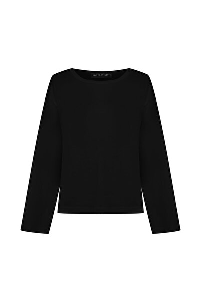 Beauty Omelette Siyah Yünlü Dikiş Detaylı Uzun Kol Tshirt