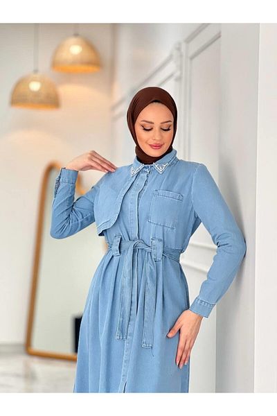 Cardella Camellia Denim Jeans Υφασμάτινο Πέτρινο Μακρύ Φόρεμα Hijab με λεπτομέρεια