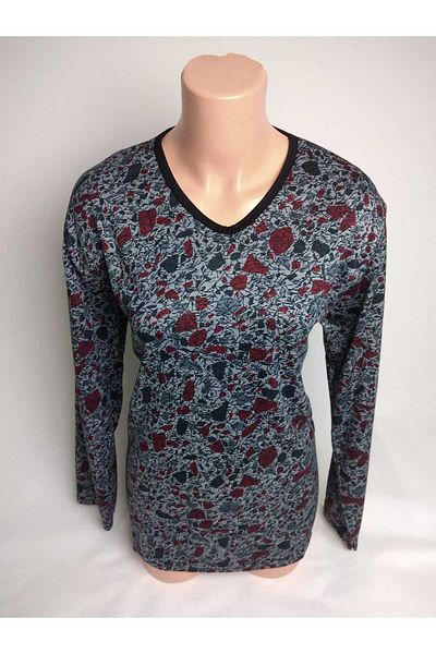 YAŞAR TRİKO Bluză tricou din bumbac pieptănat pentru femei, albastru roșu, cu decolteu în V, cu mâneci lungi, cu fante laterale