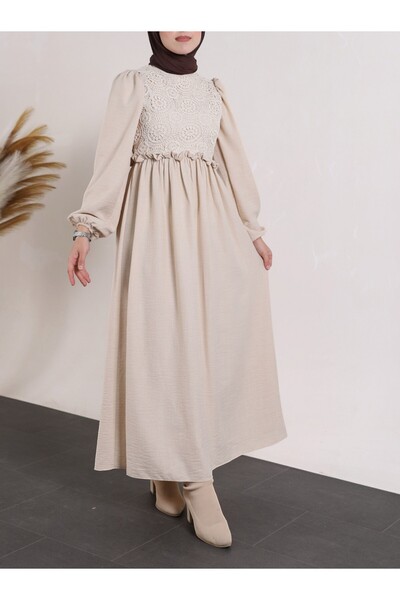 Modamorfo Robası Lace Guipure Lace Dress -Beige