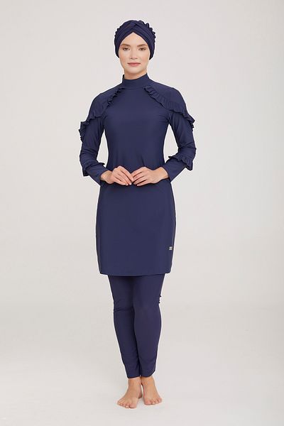 Remsa Mayo Ruffle Design Lycra Fully Covered Hijab Swimsuit Mırına 4104 Dark Navy Blue