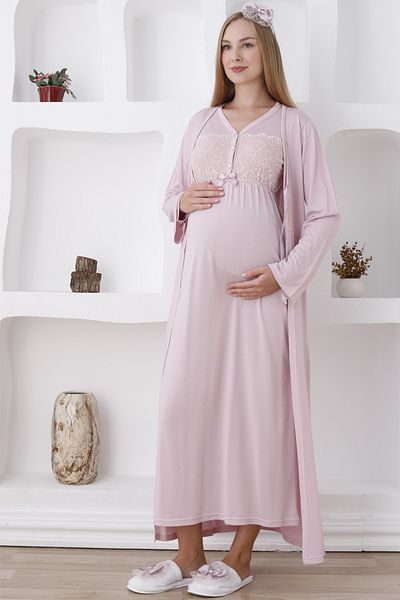 ERDENİZ TEKSTİL Maternity-Maternity Set of 2 with Long Sleeve Button Collar Nightgown with Dressing Gowns