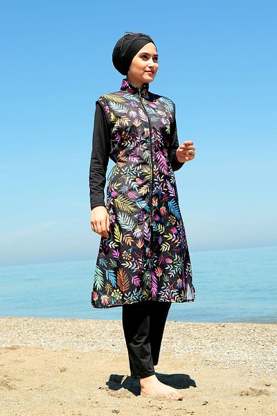 Remsa Mayo Full Covered Hijab Swimsuit Sea Swimsuit Colorful Flowers Td21-249 Black