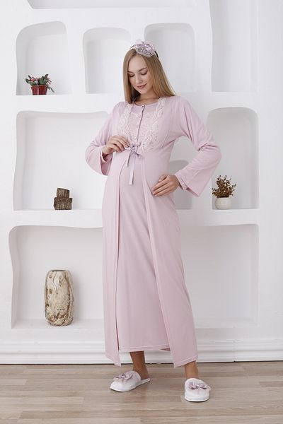 ERDENİZ TEKSTİL Cotton Long Sleeve Maternity-Maternity Nightgown with Dressing Gown 2-Piece Set