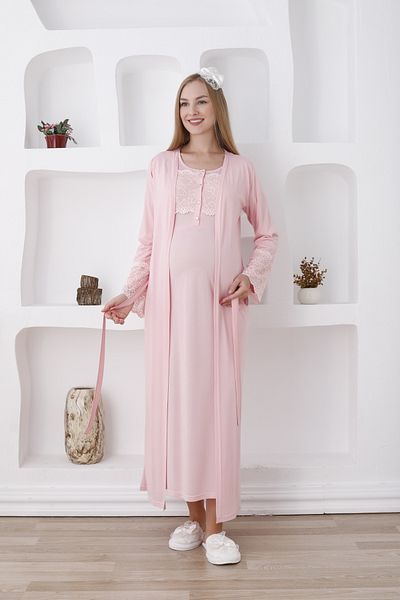 ERDENİZ TEKSTİL Maternity Long Sleeve Maternity Button Collar Nightgown Set of 2 with Guipure Detail