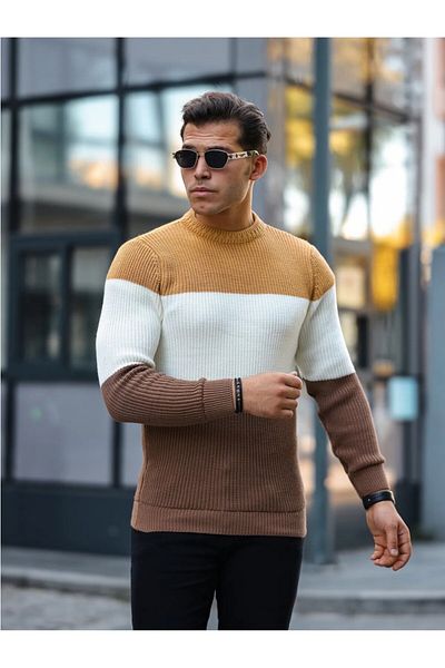 Valiberta Beige Crew Neck Men's Sweater - Piece Patterned