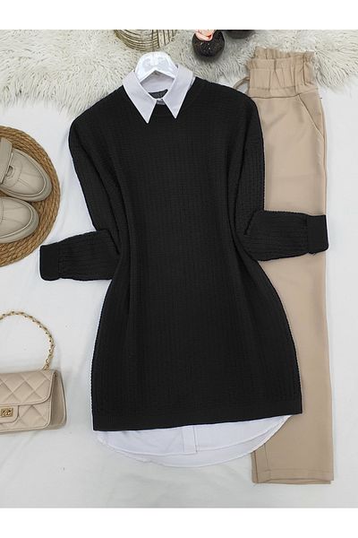 Modamorfo Strick-Tunika mit Rundhalsausschnitt und Strickmuster – Schwarz