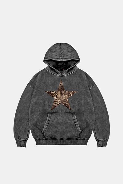 Sekizbiraltı Leopard Starz Printed - Унисекс първокласна черна суичър с качулка