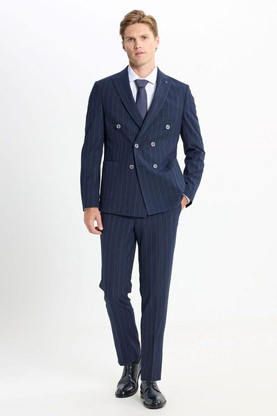 ALTINYILDIZ CLASSICS Slim Fit Slim Fit Swallow Neck Striped Flap Pocket Stretchy Navy Blue-Grey Suit