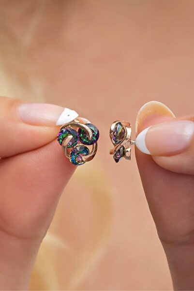 Nereze 925 Ayar Gümüş Mistik Topaz Taşlı 3 Taşlı Tria Küpe