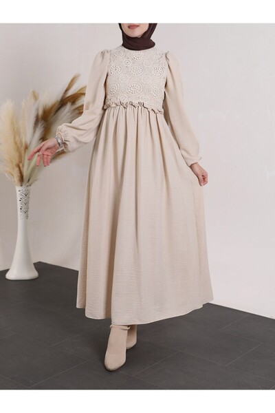 Modamorfo Robası Lace Guipure Lace Dress -Beige
