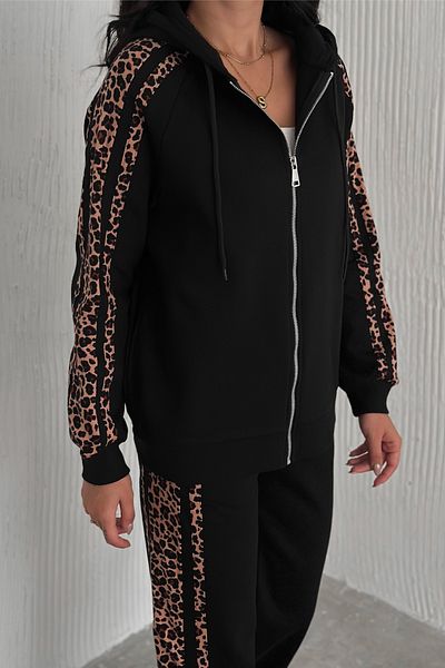 FEMELLE Set de trening negru pentru femei, cu glugă, cu fermoar, cu imprimeu leopard