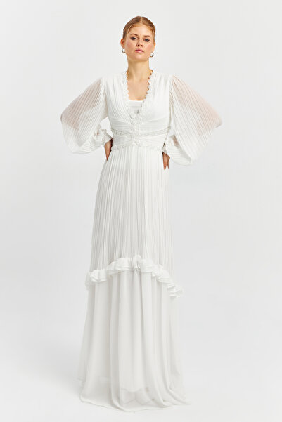 İnce V yaka İşleme ve Pilise detaylı Uzun Şİfon Abiye Elbise