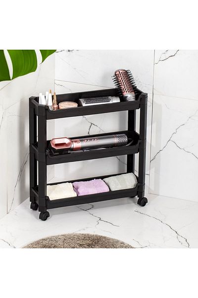 Porsima RAFTY-65-ECO-1 Organizator negru pe 3 niveluri cu roți - Raft organizator pentru baie și bucătărie 46,5 x 14,5 x 48 cm