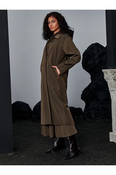 RİVUS Μακριά καμπαρντίνα Oversize με κουμπιά και λεπτομέρεια τσέπης - Χακί