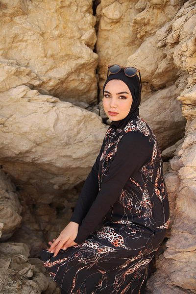 Remsa Mayo Μαγιό Hijab με φερμουάρ Leopard Print - Αλεξίπτωτο Full Covered Sea Swimsuit