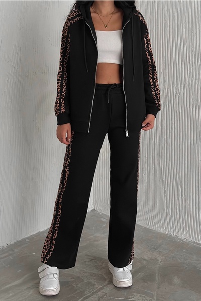 FEMELLE Women's Black Bottom-Top Tracksuit Set Leopard Print Hooded Zip-Up