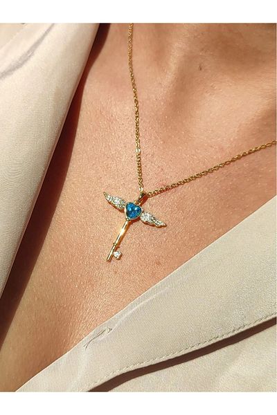 The Collection Blue Zircon Stone Winged Key Gold Steel Necklace