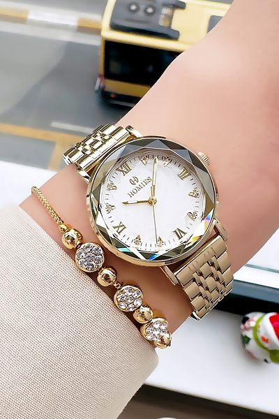 Homies Gold Color Waterproof Women's Wristwatch - with Steel Band and Bracelet Hmby2039C1