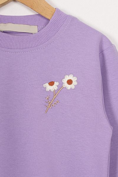 zepkids Set de trening pentru fetiță, cu mânecă lungă, cu decolteu, broderie cu margarete, culoare liliac