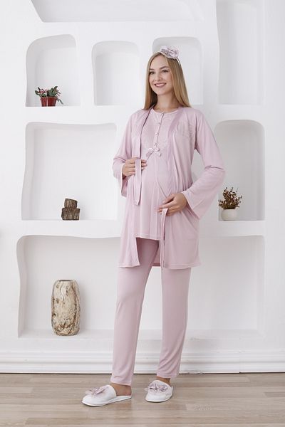 ERDENİZ TEKSTİL Long Sleeve Button Collar Maternity Pajamas Set with Dressing Gowns Set of 3