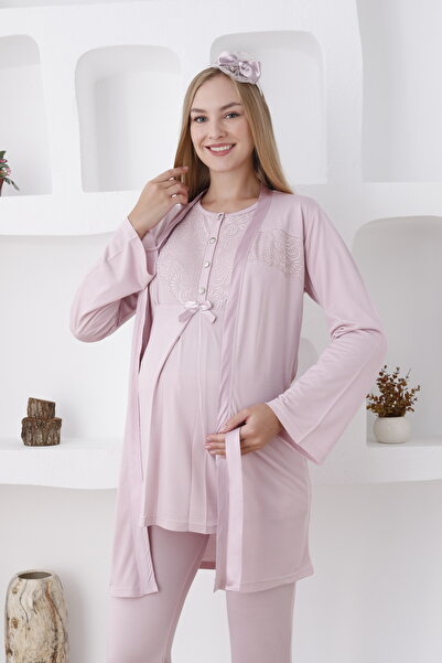 ERDENİZ TEKSTİL Sabahlıklı Uzun Kollu Düğme Yakalı Hamile Pijama Takımı 3'lü Set