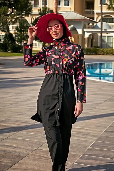 Remsa Mayo Ροζ γεωμετρικό μαγιό Hijab - R4804, Πλήρως καλυμμένο, Αλεξίπτωτο Remsa