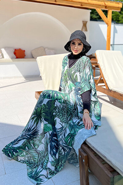 Remsa Mayo Leaf Patterned Single Kaftan Pareo - Remsa Hijab Swimsuit 430-312