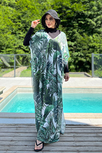 Remsa Mayo Leaf Patterned Single Kaftan Pareo - Remsa Hijab Swimsuit 430-312