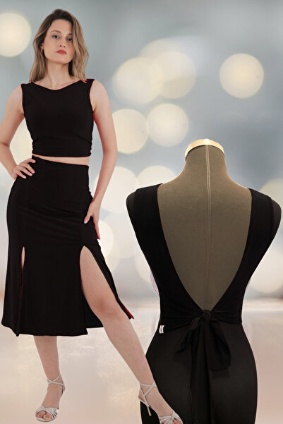 Due Stelle بلوزة قصيرة باللون الأسود - بلوزة تانجو سوداء بدون ظهر