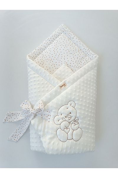Bebella Baby Girl/Boy Blanket and Newborn Cover/Quilt Ecru Chickpea Swaddle Teddy Bear Embroidered