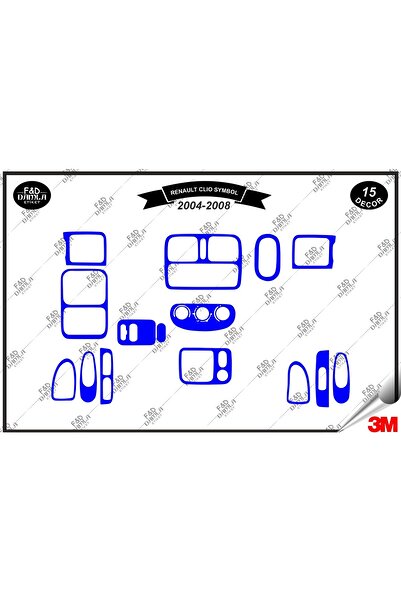 FD Damla Etiket Renault Clio Symbol 2004-2008 Albastru 15 bucăți Set de finisare pentru consola torpedo din mahon