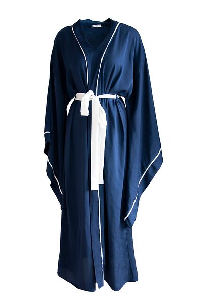 Mita Concept Dragon Patterned Navy Blue Bat Sleeve Satin Kimono