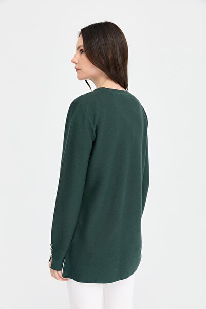 Desen Triko Green Women's Sweater - Crew Neck and Slit 24357