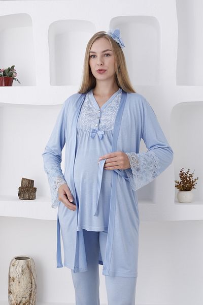 ERDENİZ TEKSTİL Long Sleeve Laced Pajamas Set - Button Collar, Dressing Gown, 3-Piece Set