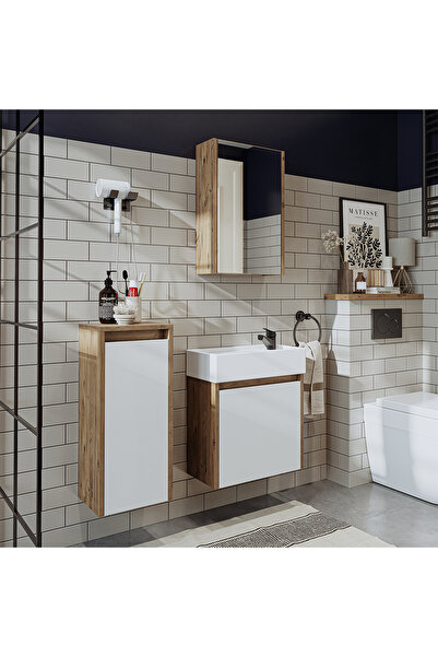 ROOMART Ayaksız Tek Kapaklı Lavabolu 50 Cm Banyo Dolabı+aynalı Üst Dolabı+boy Dolabı