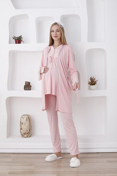 ERDENİZ TEKSTİL Long Sleeve Laced Pajamas Set - Button Collar, Dressing Gown, 3-Piece Set