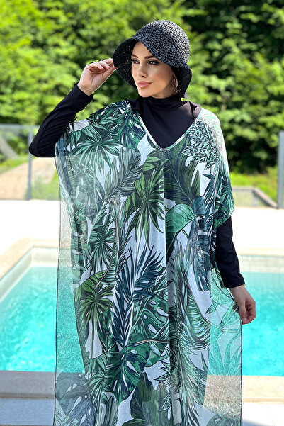 Remsa Mayo Leaf Patterned Single Kaftan Pareo - Remsa Hijab Swimsuit 430-312
