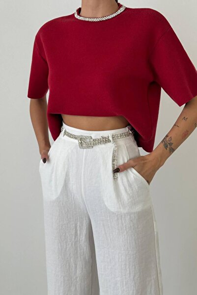 Coral Burgundy Stone Collar Short Sleeve Sweater