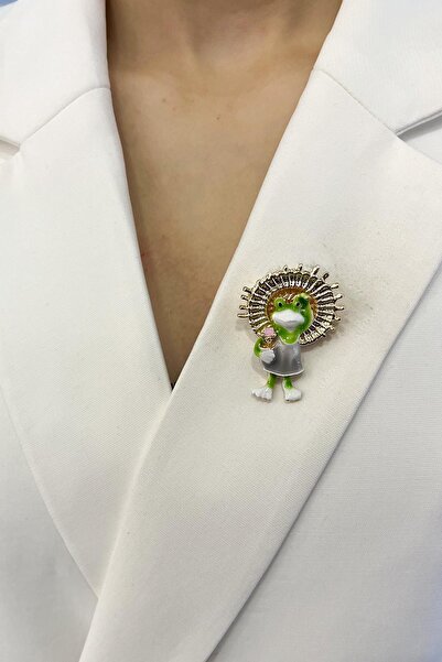 Modex Altın Rengi Şapkalı Çiçek Detaylı Kurbağa Broş (4cm)