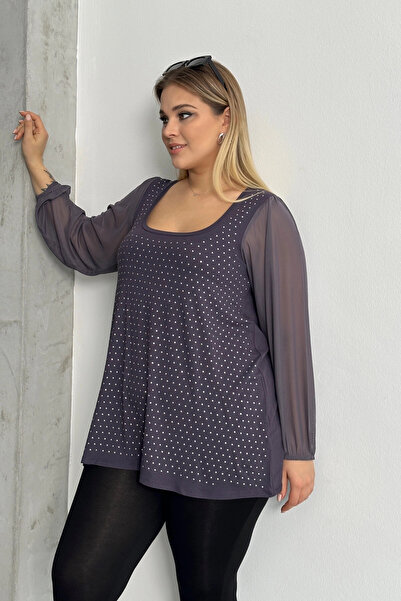 Stil Diva Plus Size Long Tulle Sleeve Front Stone Embroidered Crew Neck Blouse 321850 -U