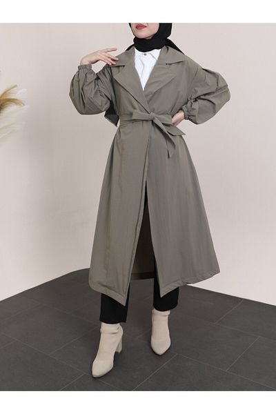 Modamorfo Gefütterter Trenchcoat mit elastischen Ärmeln und Gürtel – Khaki