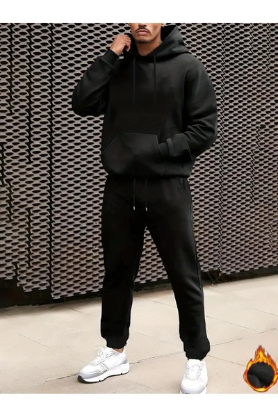 Sezon tekstil Set de trening unisex negru cu glugă, la preț accesibil