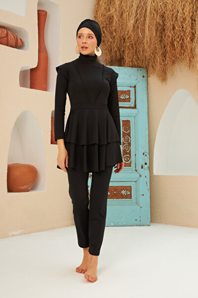 Remsa Mayo Full Lycra Fully Covered Hijab Swimsuit Swimsuit with Ruffle Detail LT23-01 Black