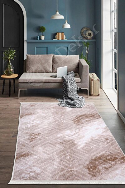 Dijidekor Halı Devetüyü Cool Karo Yıkanabilir Saçaklı Kesme Ince Yolluk Kilim...