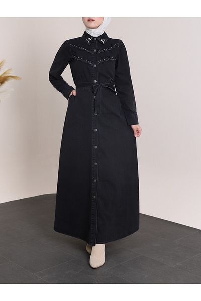 Modamorfo Antique Denim Dress with Stones on Collar and Chest - Black